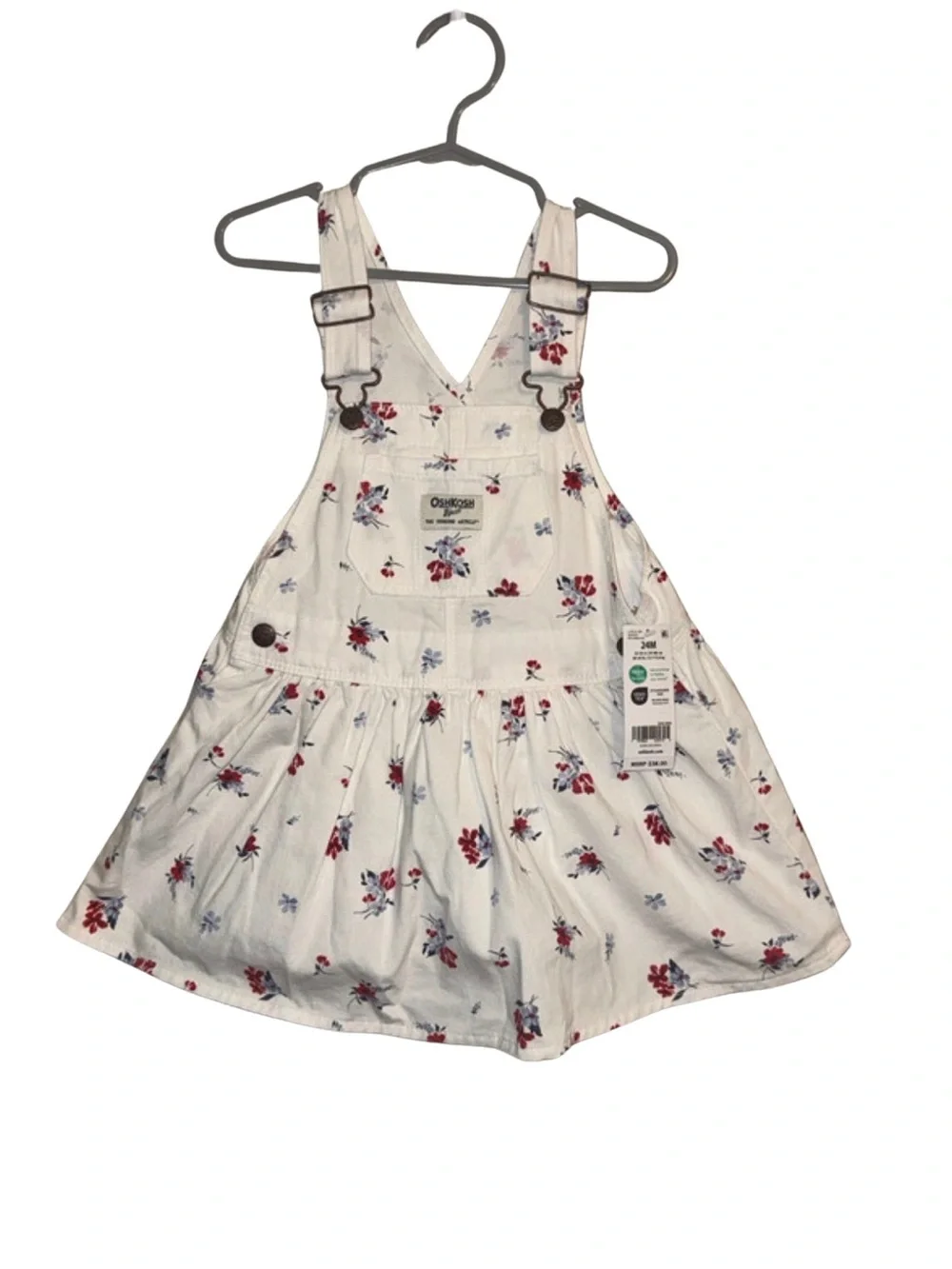 OshKosh B'gosh White  red and blue Floral Overall Pinafore Size 24M NWT